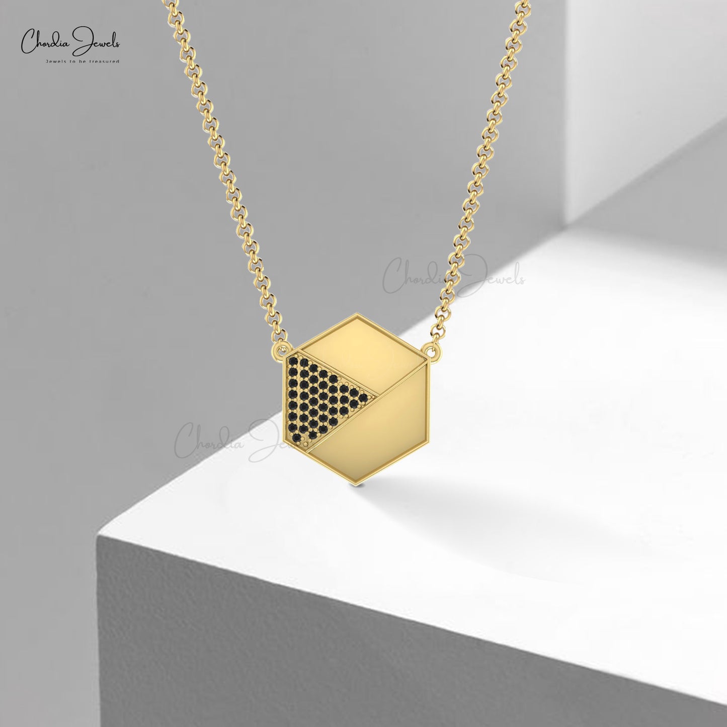 Genuine Black Diamond Hexagonal Shape Cluster Necklace In 14k Real Gold