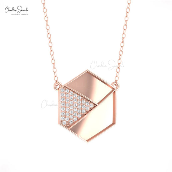 Hexagonal Pave 1mm White Diamond With 14k Real Gold Cluster Necklace For Gift