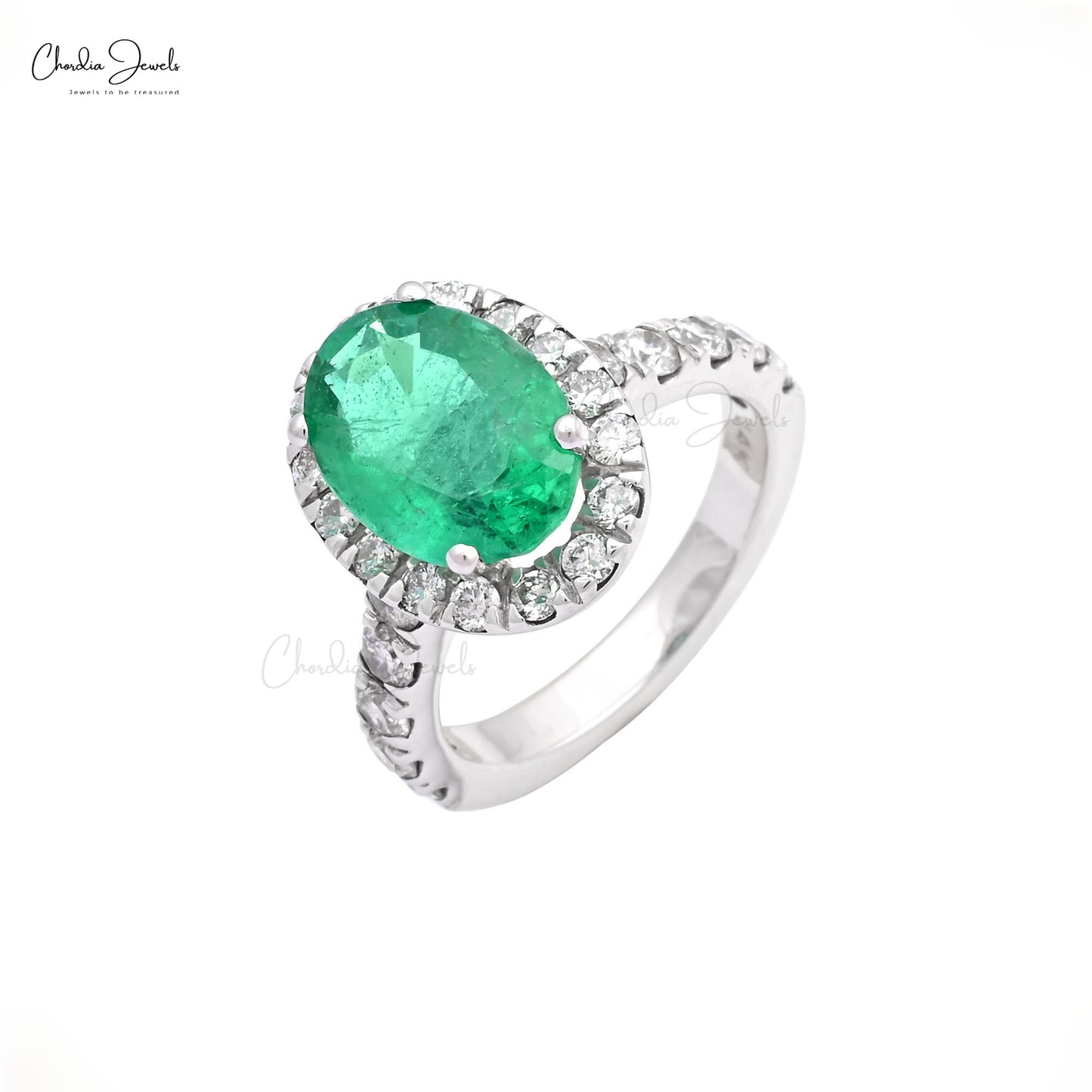 Halo Diamond Ring With 11x8mm Emerald And Diamond 14k Solid White Gold Wedding Ring