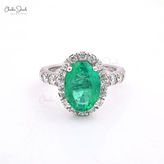 Halo Diamond Ring With 11x8mm Emerald And Diamond 14k Solid White Gold Wedding Ring