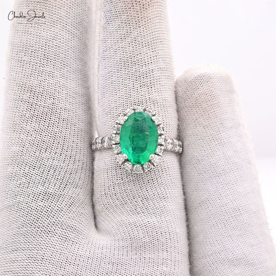 Halo Diamond Ring With 11x8mm Emerald And Diamond 14k Solid White Gold Wedding Ring