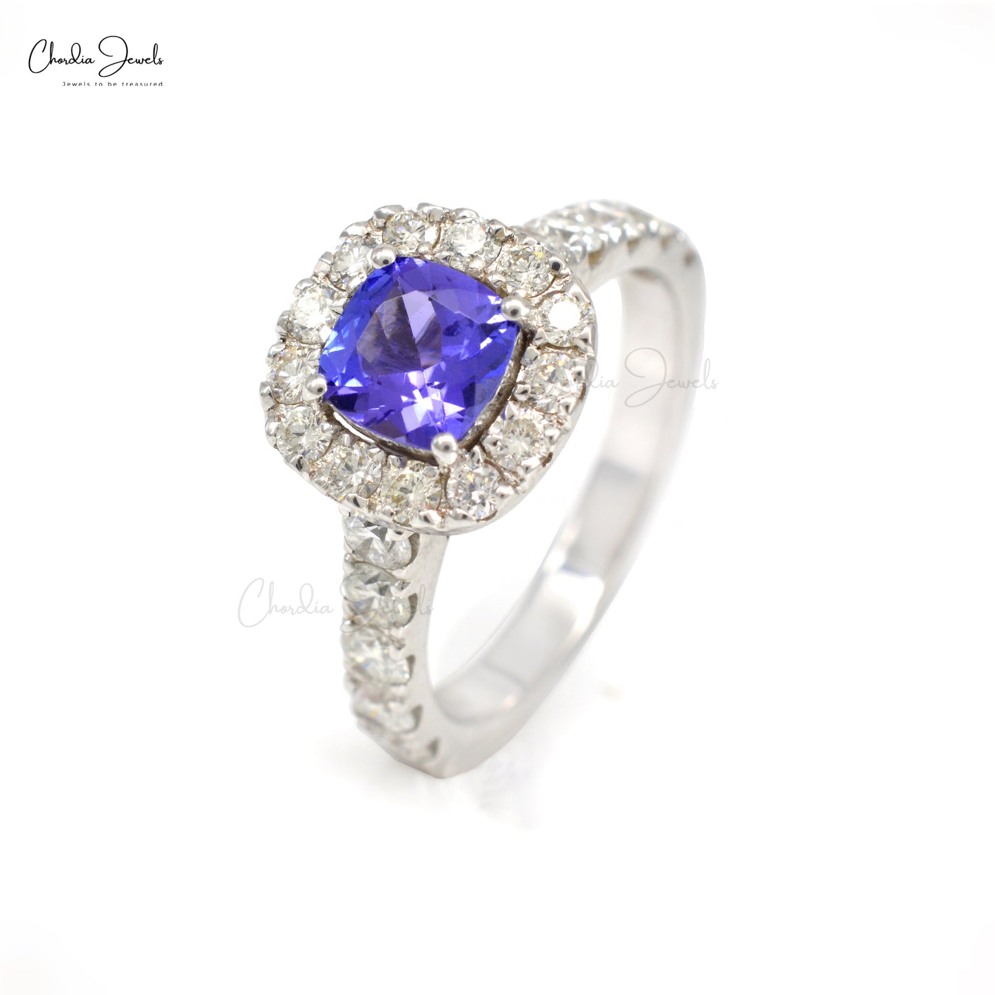 Halo Engagement Ring With 6mm Tanzanite & Diamond Pave Set In 14k White Gold Bridal Rings