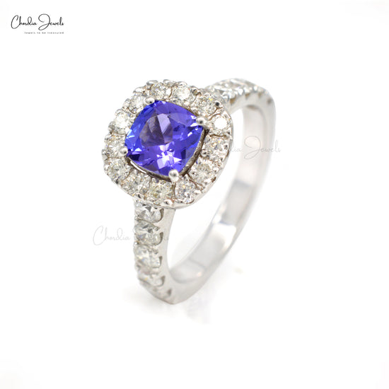 Natural 1.02Ct Tanzanite Gemstone & Diamond Halo Ring In 14k White Gold Wedding Jewelry