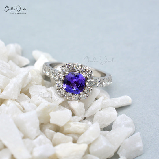 Natural 1.02Ct Tanzanite Gemstone & Diamond Halo Ring In 14k White Gold Wedding Jewelry