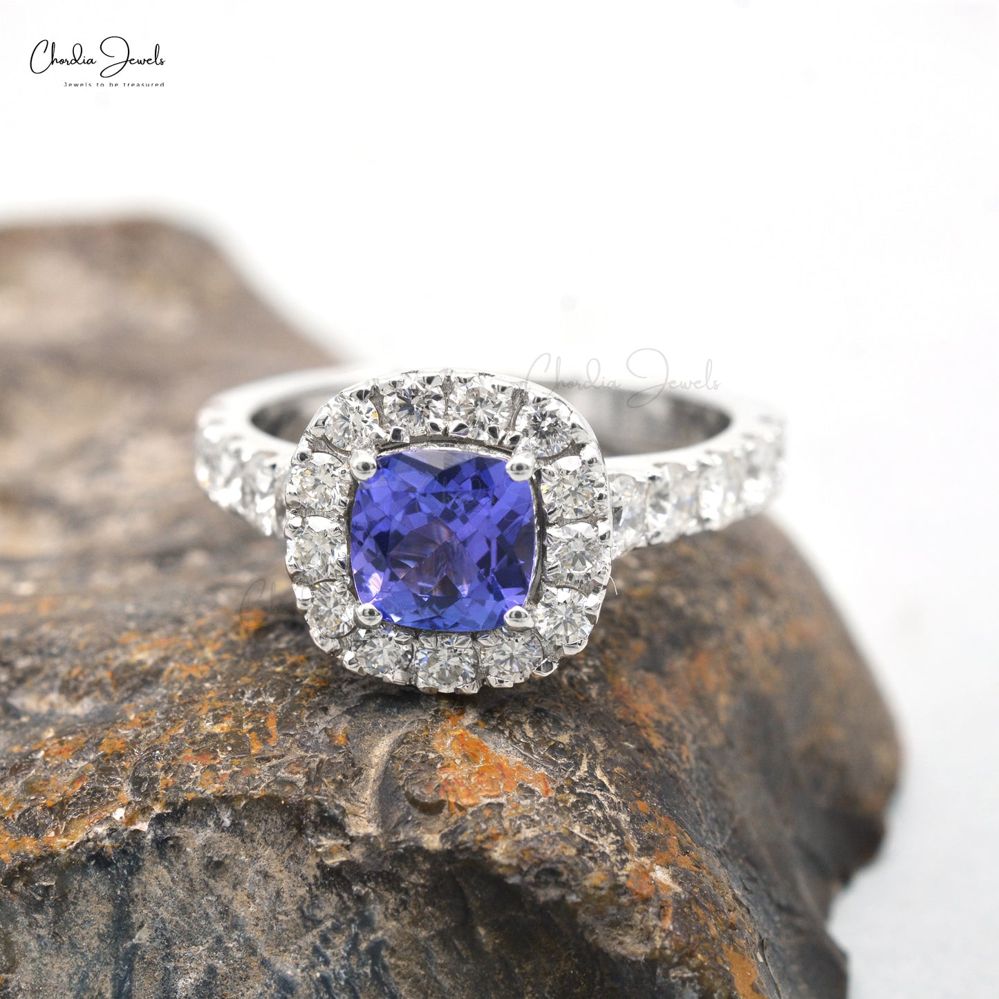 Natural 1.02Ct Tanzanite Gemstone & Diamond Halo Ring In 14k White Gold Wedding Jewelry