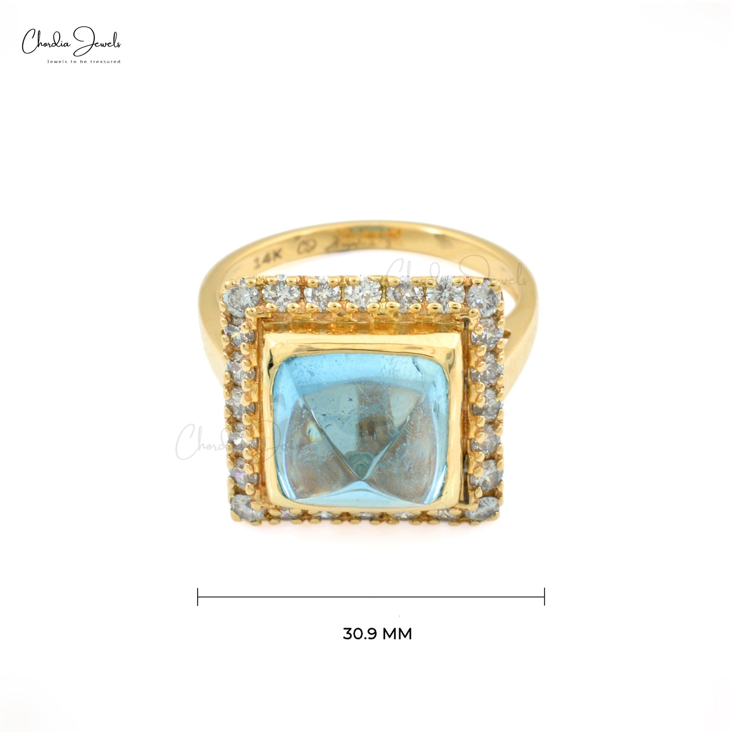 Natural Aquamarine Sugarloaf Halo Ring With 14k Yellow Gold Diamond Accents Ring Size 7