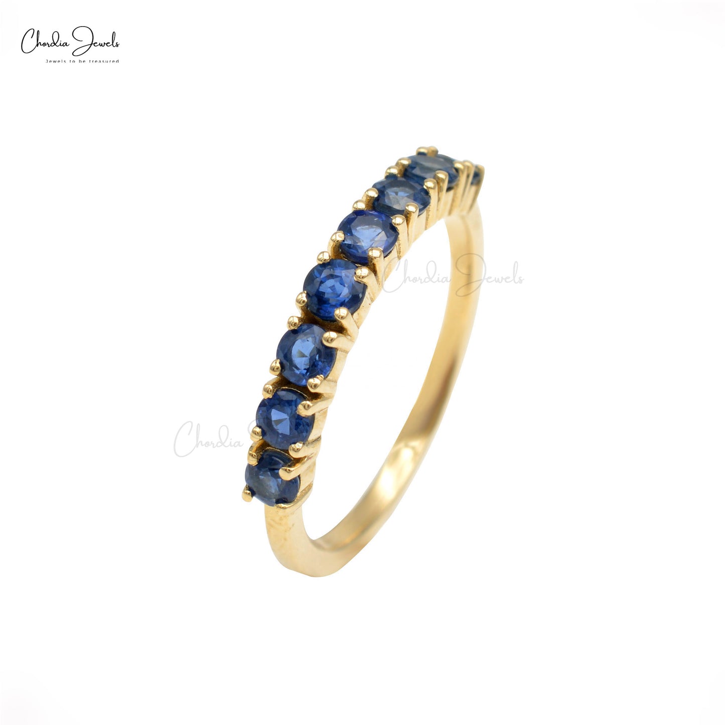 Half Eternity Gemstone Band In 14k Yellow Gold Blue Sapphire 2.5mm Brilliant Cut Stacking Ring