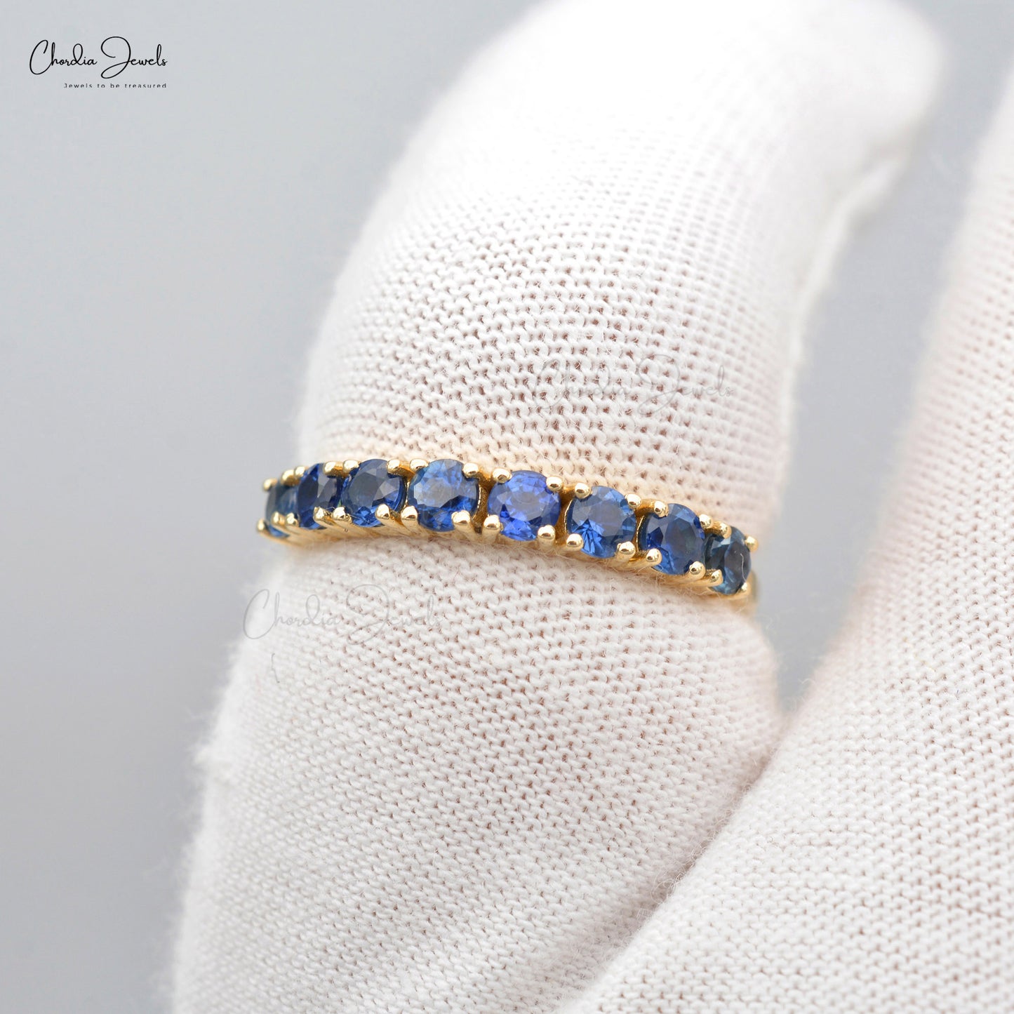 Half Eternity Gemstone Band In 14k Yellow Gold Blue Sapphire 2.5mm Brilliant Cut Stacking Ring