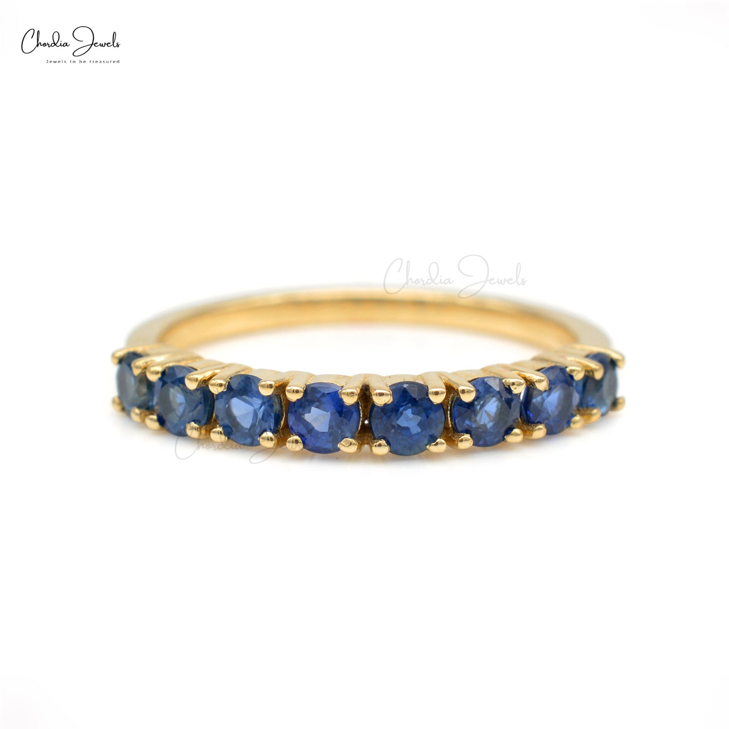 Half Eternity Stack Band With 2.5mm Blue Sapphire Wedding Ring In 14k Real Yellow Gold