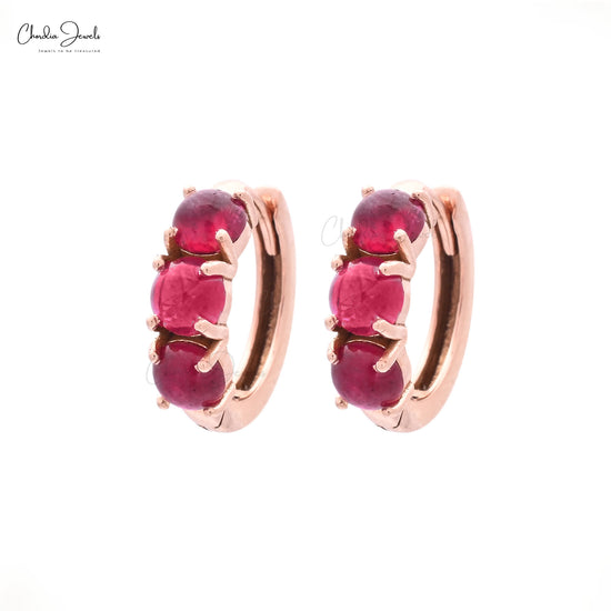 3 Stone Huggie Hoops With 4mm Burma Ruby Accented in 14k Rose Gold Earrings For Her