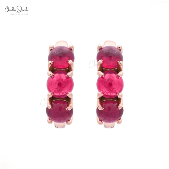 3 Stone Huggie Hoops With 4mm Burma Ruby Accented in 14k Rose Gold Earrings For Her