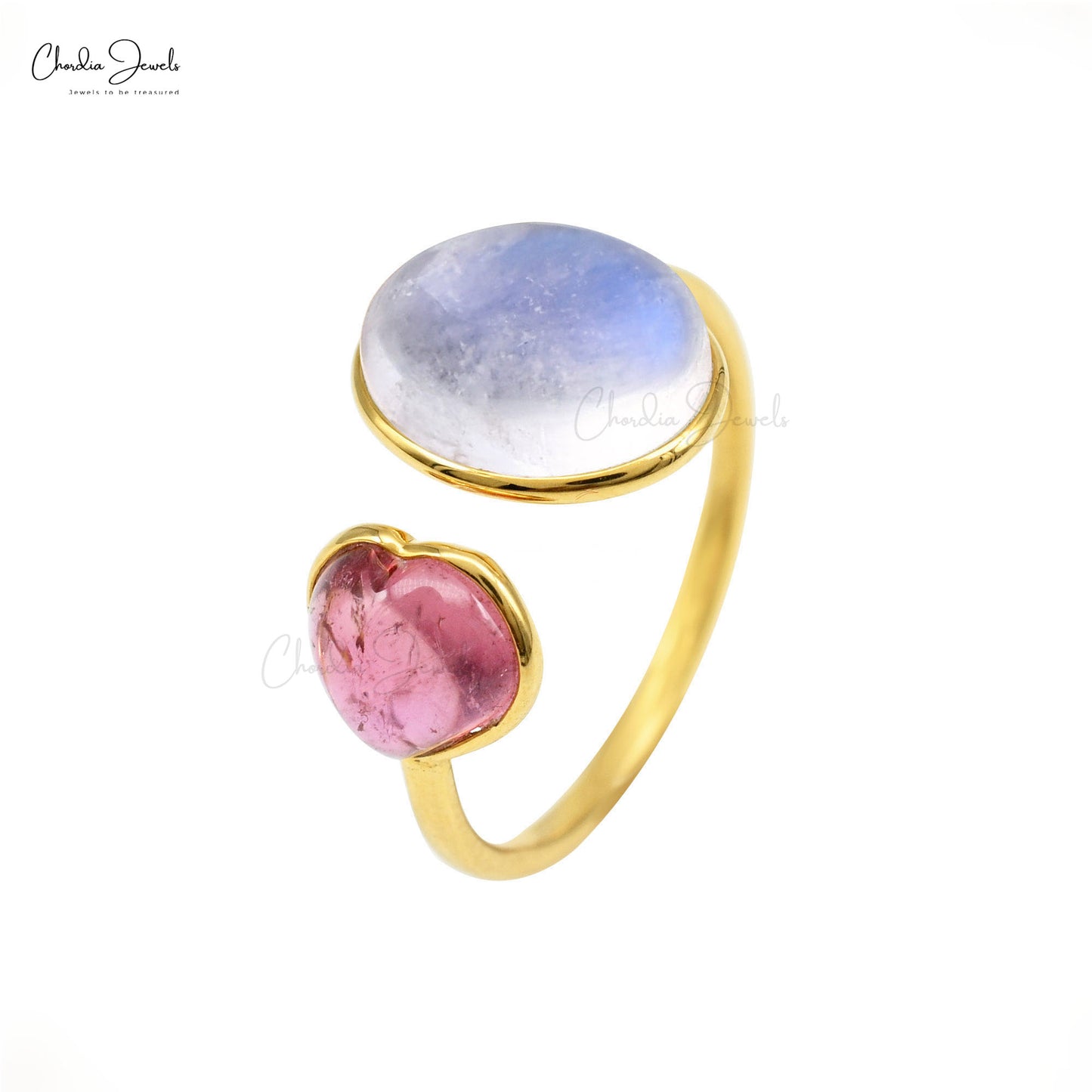 Split Shank Rainbow Moonstone & Heart Pink Tourmaline 2 Stone Rings For Her