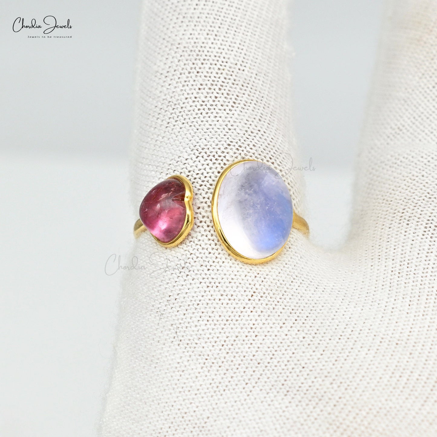 Split Shank Rainbow Moonstone & Heart Pink Tourmaline 2 Stone Rings For Her