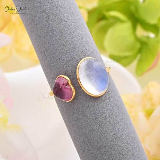 Split Shank Rainbow Moonstone & Heart Pink Tourmaline 2 Stone Rings For Her