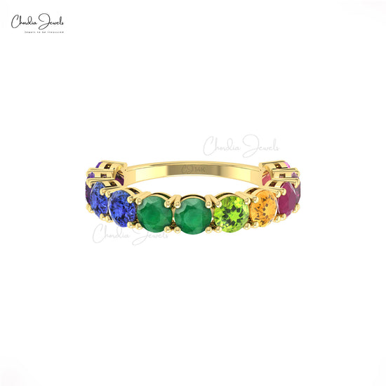 Solid 14k Gold Rainbow Stone Band With 2.64 Ct Multi Gemstone Half Eternity Stackable Ring