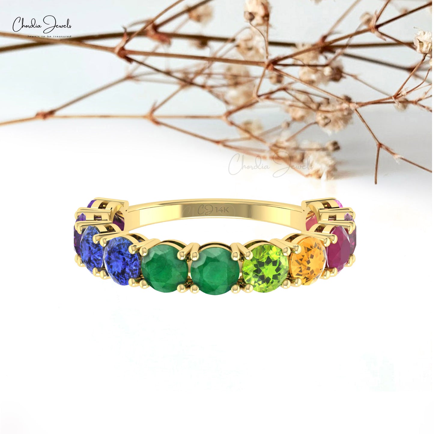 Solid 14k Gold Rainbow Stone Band With 2.64 Ct Multi Gemstone Half Eternity Stackable Ring