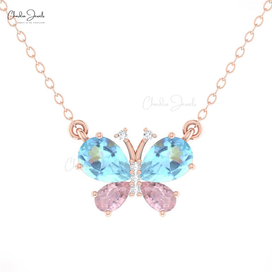 Four Stone Necklace With 1.3 CT  Pear Aquamarine And Pink Morganite 14k Real Gold Diamond Necklace