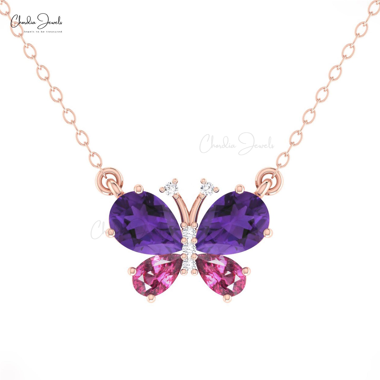 Butterfly Necklace With 1.3 CTW Amethyst And Rhodolite Garnet Diamond Necklace In 14k Gold