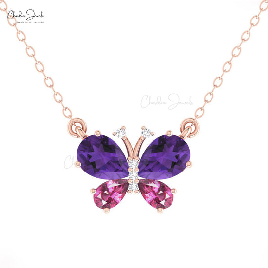 Butterfly Necklace With 1.3 CTW Amethyst And Rhodolite Garnet Diamond Necklace In 14k Gold