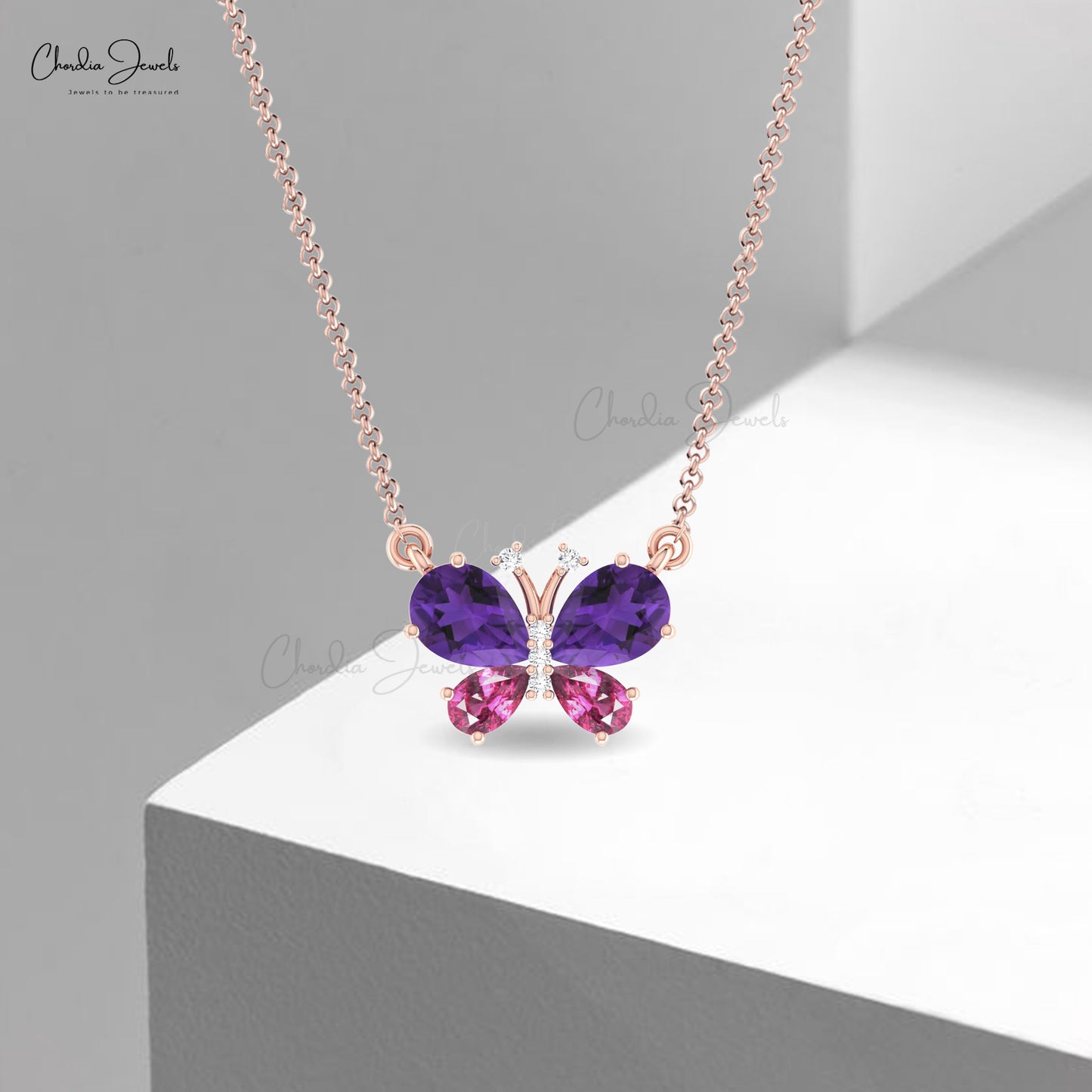 Butterfly Necklace With 1.3 CTW Amethyst And Rhodolite Garnet Diamond Necklace In 14k Gold