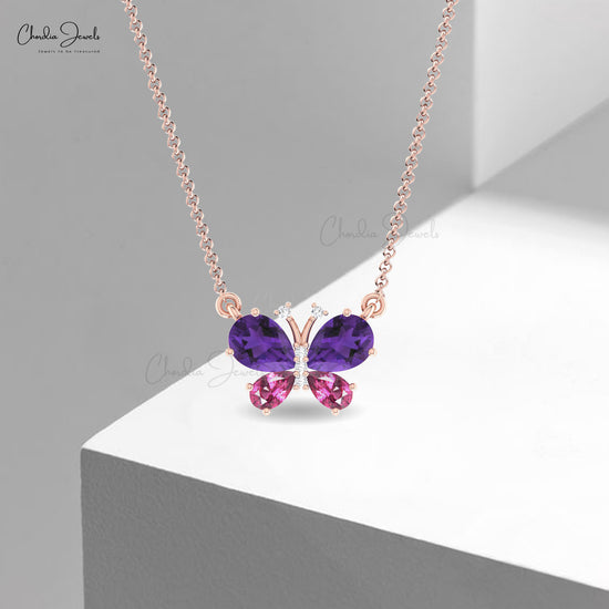 Butterfly Necklace With 1.3 CTW Amethyst And Rhodolite Garnet Diamond Necklace In 14k Gold