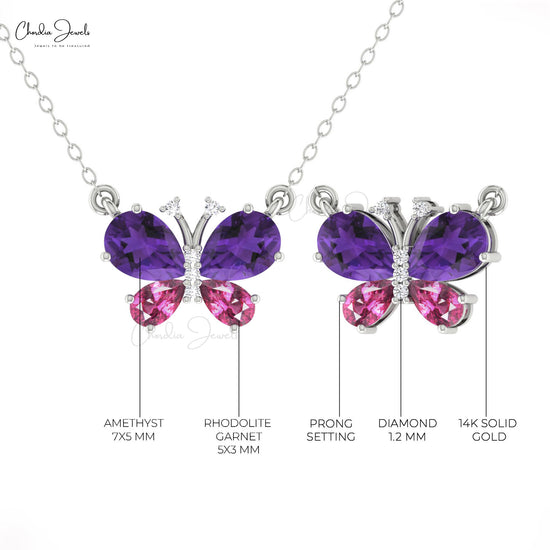 Butterfly Necklace With 1.3 CTW Amethyst And Rhodolite Garnet Diamond Necklace In 14k Gold