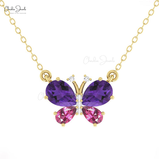 Butterfly Necklace With 1.3 CTW Amethyst And Rhodolite Garnet Diamond Necklace In 14k Gold