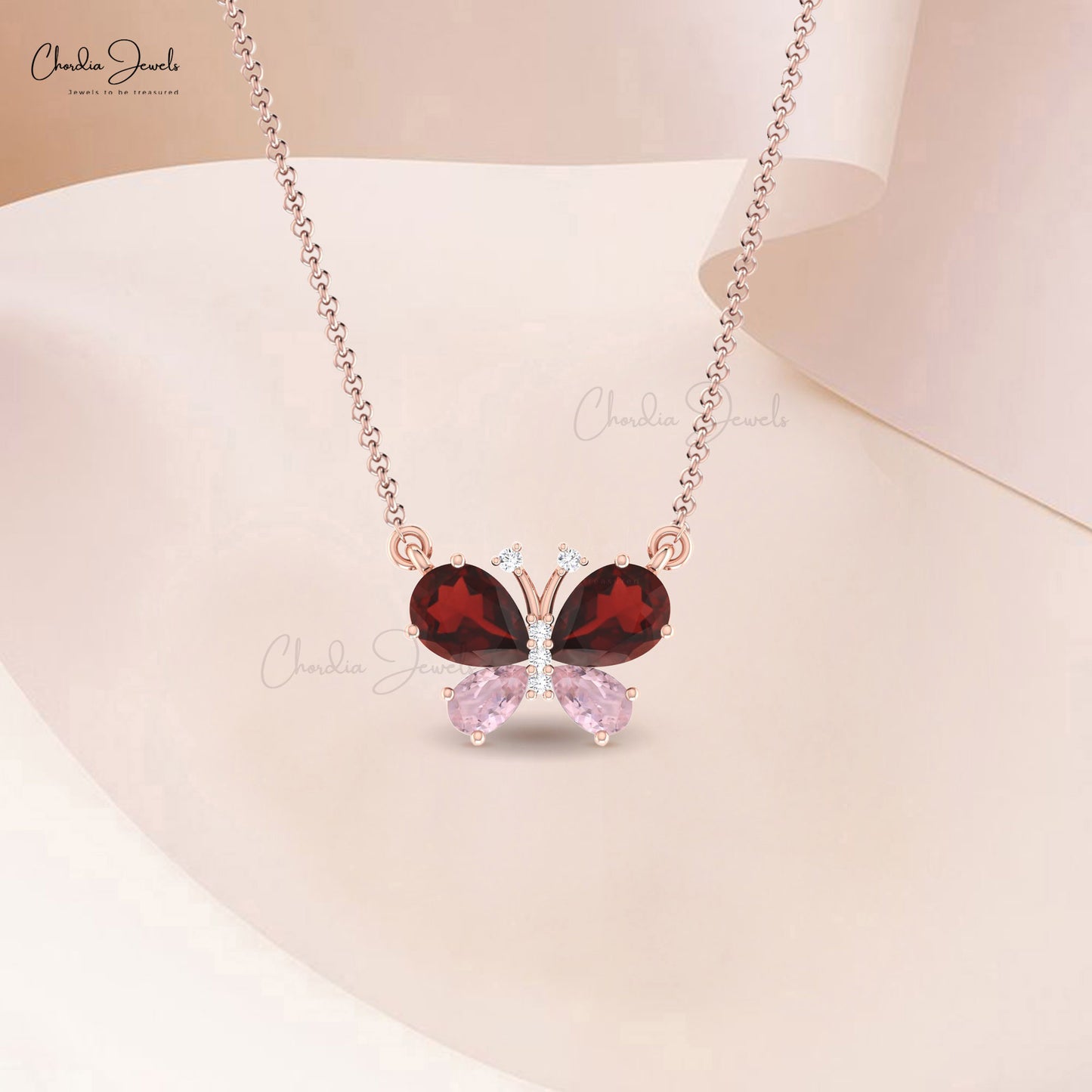 Butterfly 14k Solid Gold Necklace With 1.3 CT Garnet And Pink Morganite Round Diamond Necklace