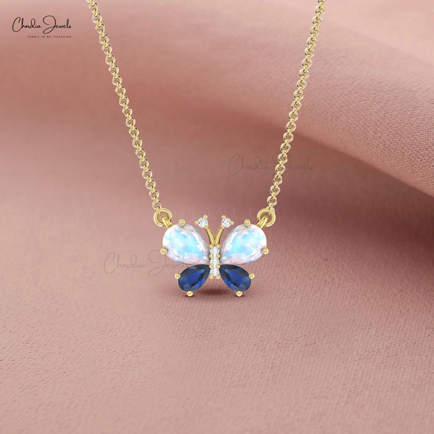 Butterfly 1.26ct Pear Moonstone and Blue Sapphire 14k Real Gold Diamond Necklace