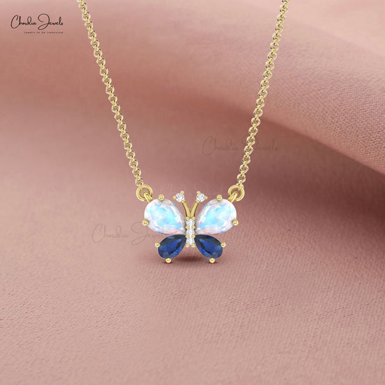 Butterfly 1.26ct Pear Moonstone and Blue Sapphire 14k Real Gold Diamond Necklace