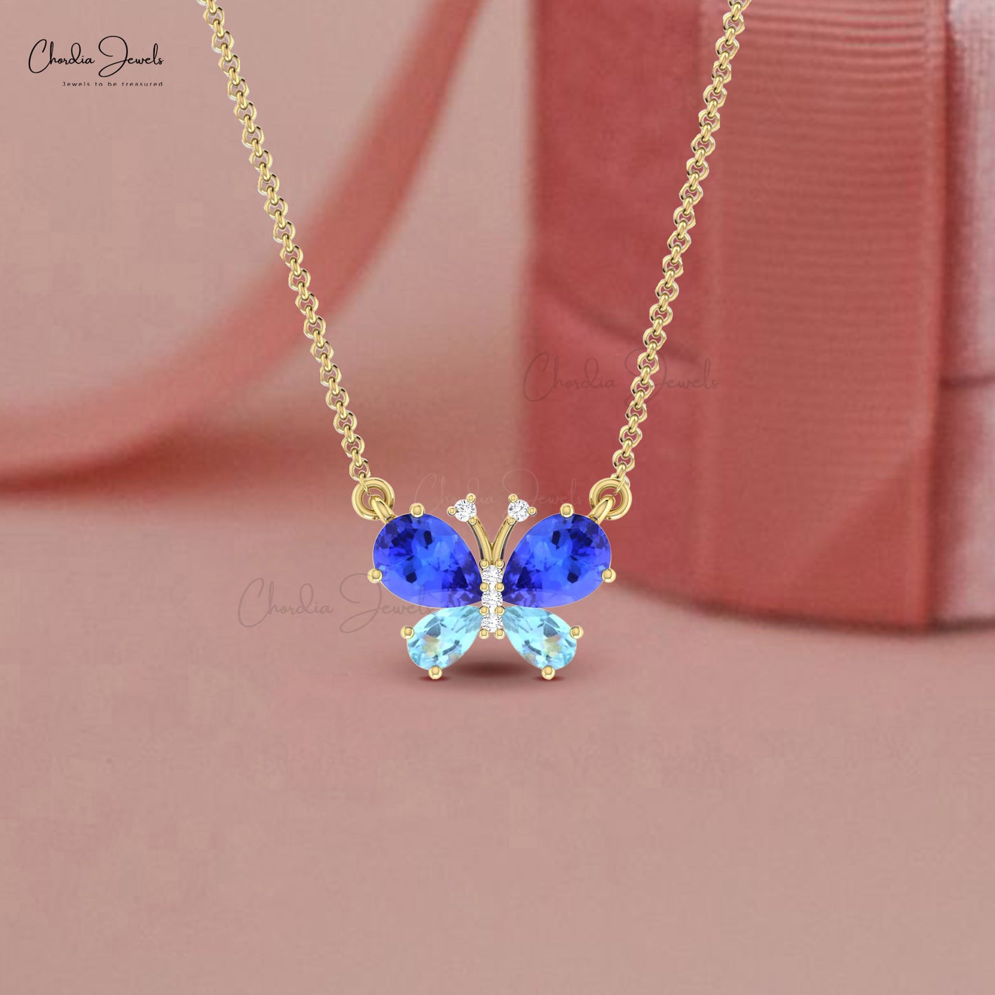 Natural Pear Tanzanite Aquamarine With 14k Gold Diamond Butterfly Necklace