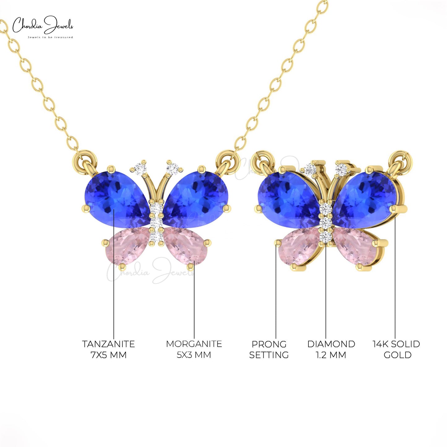 Butterfly Real 14k Gold Diamond With 7x5mm Pear Tanzanite And Pink Morganite Necklace