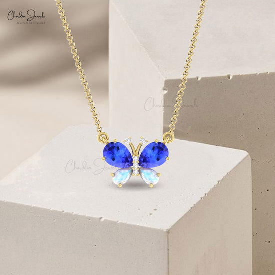 Four Gemstone Tanzanite And Moonstone Butterfly With 14k Gold Diamond Necklace