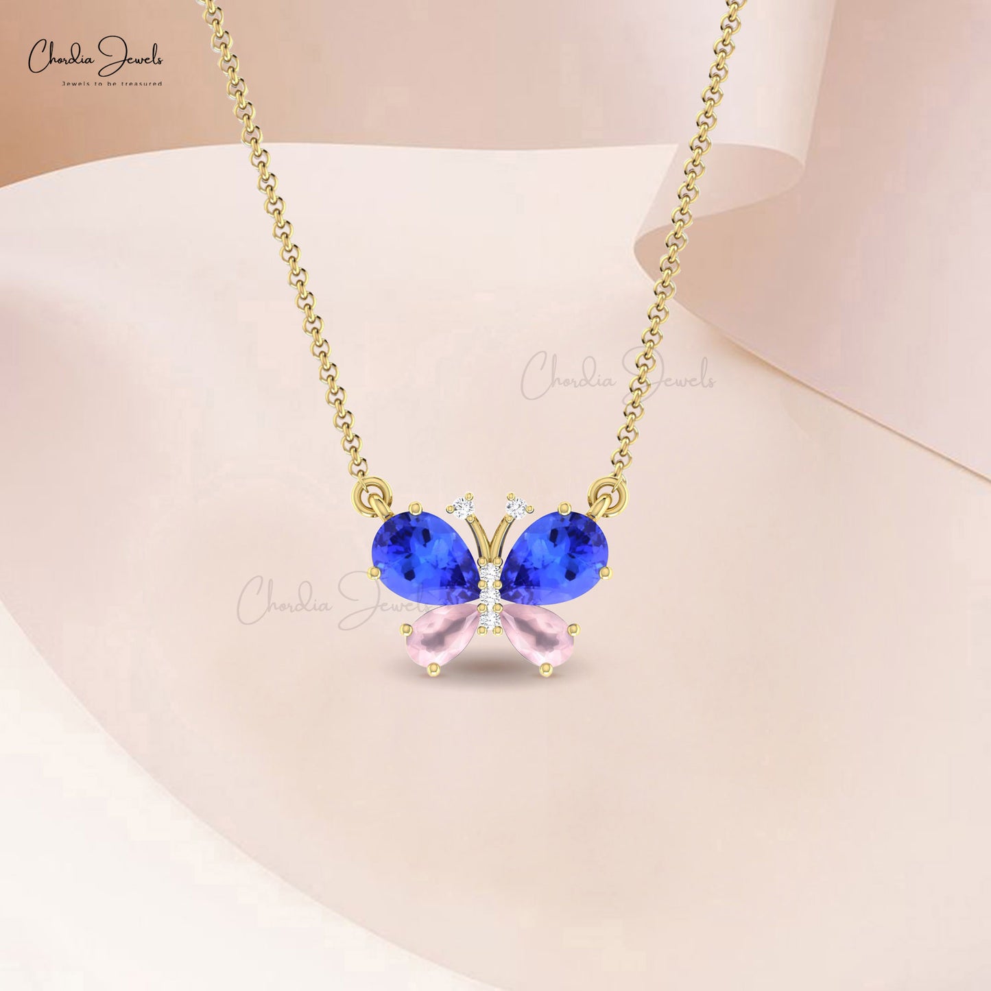 Solid 14k Gold Diamond With 1.26Ct Pear Tanzanite And Rose Quartz Butterfly Necklace