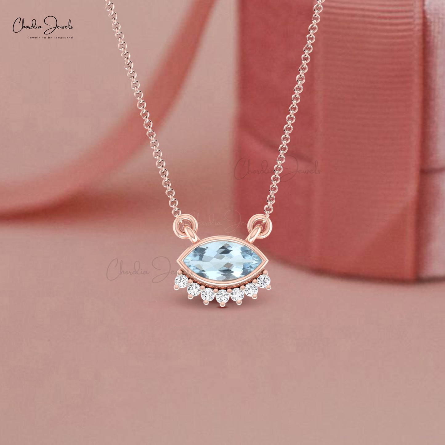 Pure 14k Gold Floating Necklace With 7x3.5mm Aquamarine And Diamond Thin Chain Necklaces