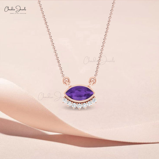 Evil Eye Marquise Necklace In Solid 14k Gold Amethyst And Diamond Hallmark Dainty Jewelry