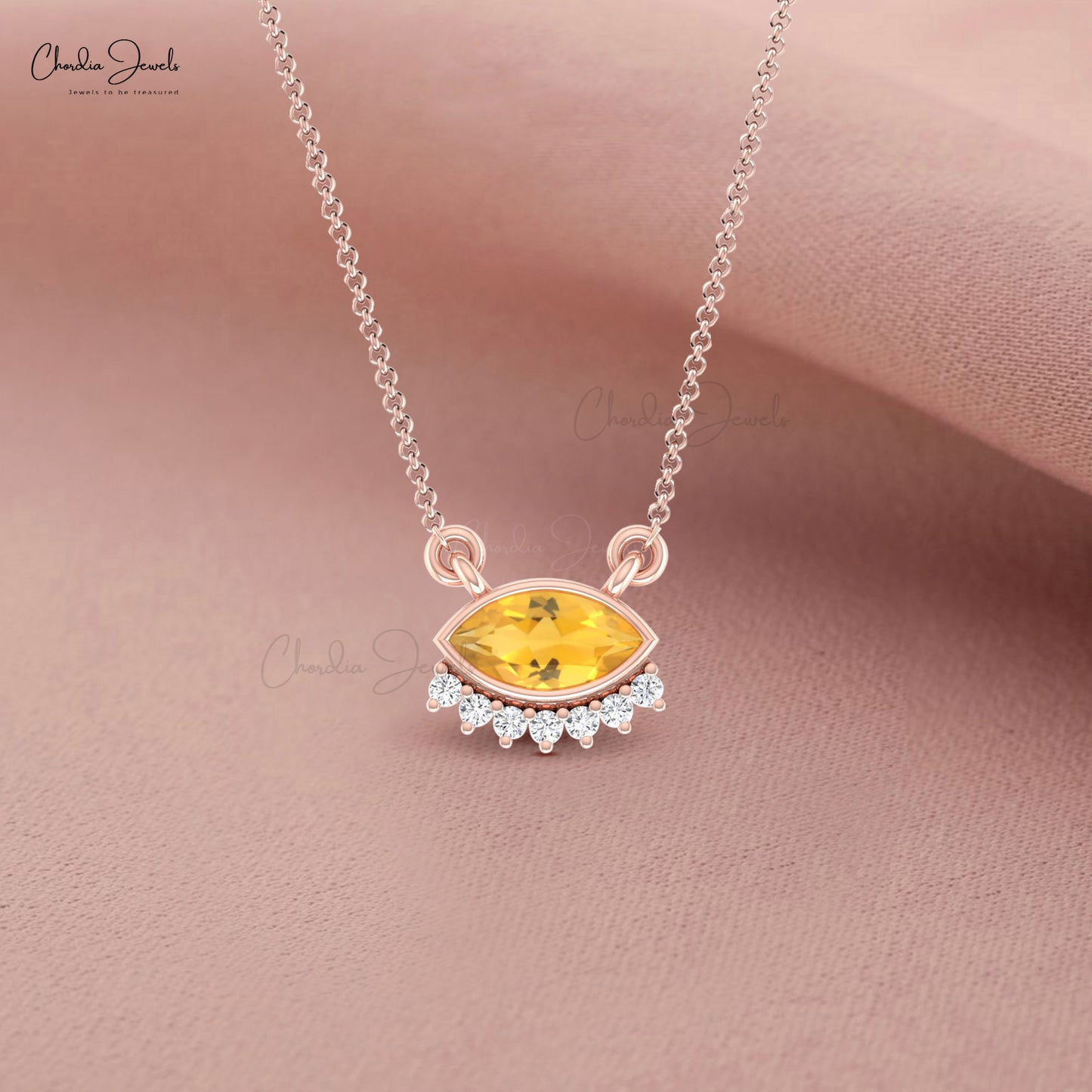 Floating Necklace With 0.5 CT Marquise Citrine And Diamond Chain Necklace In 14k Real Gold