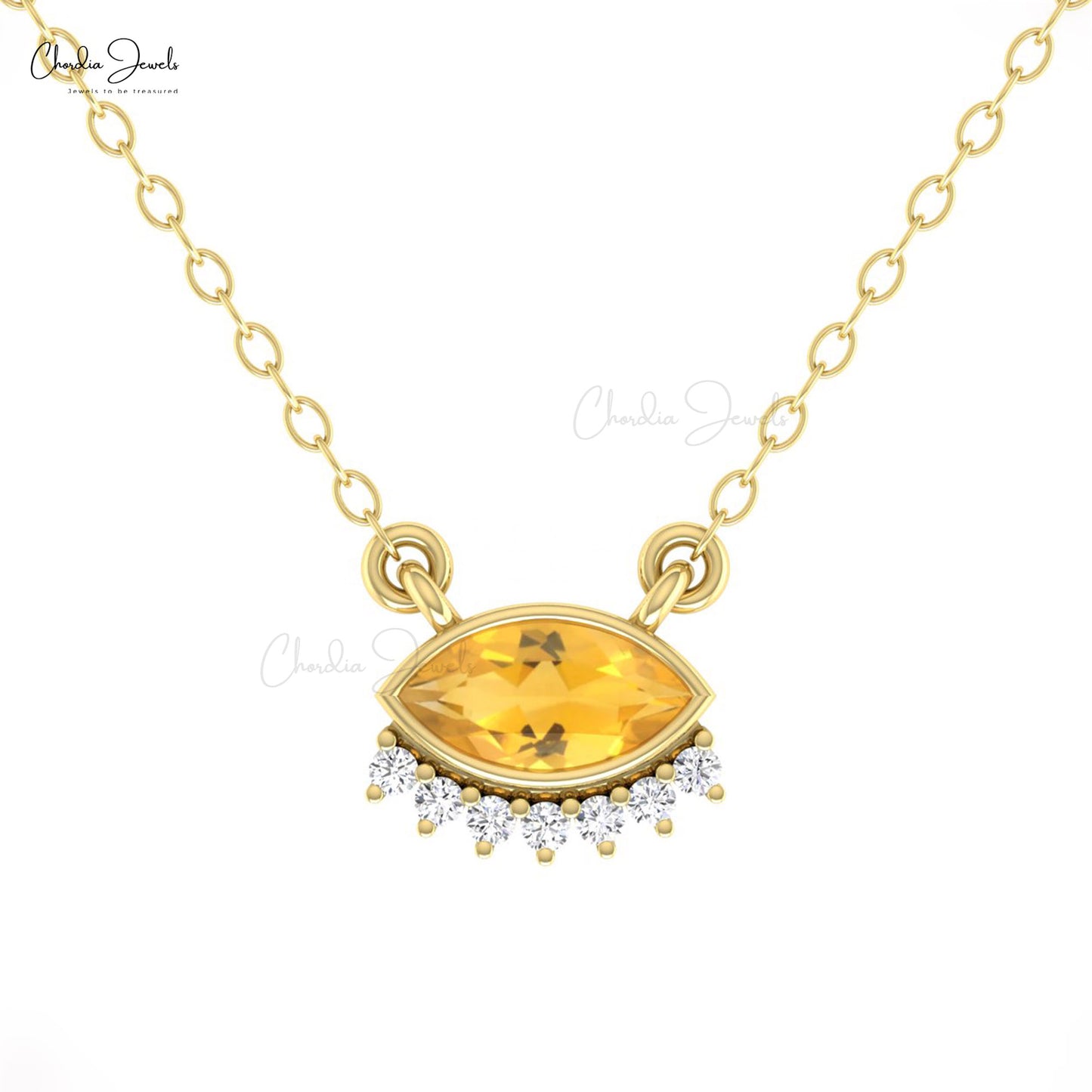 Floating Necklace With 0.5 CT Marquise Citrine And Diamond Chain Necklace In 14k Real Gold