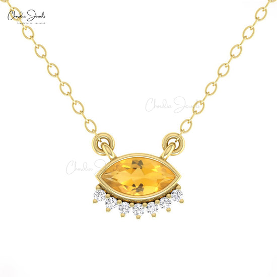 Floating Necklace With 0.5 CT Marquise Citrine And Diamond Chain Necklace In 14k Real Gold