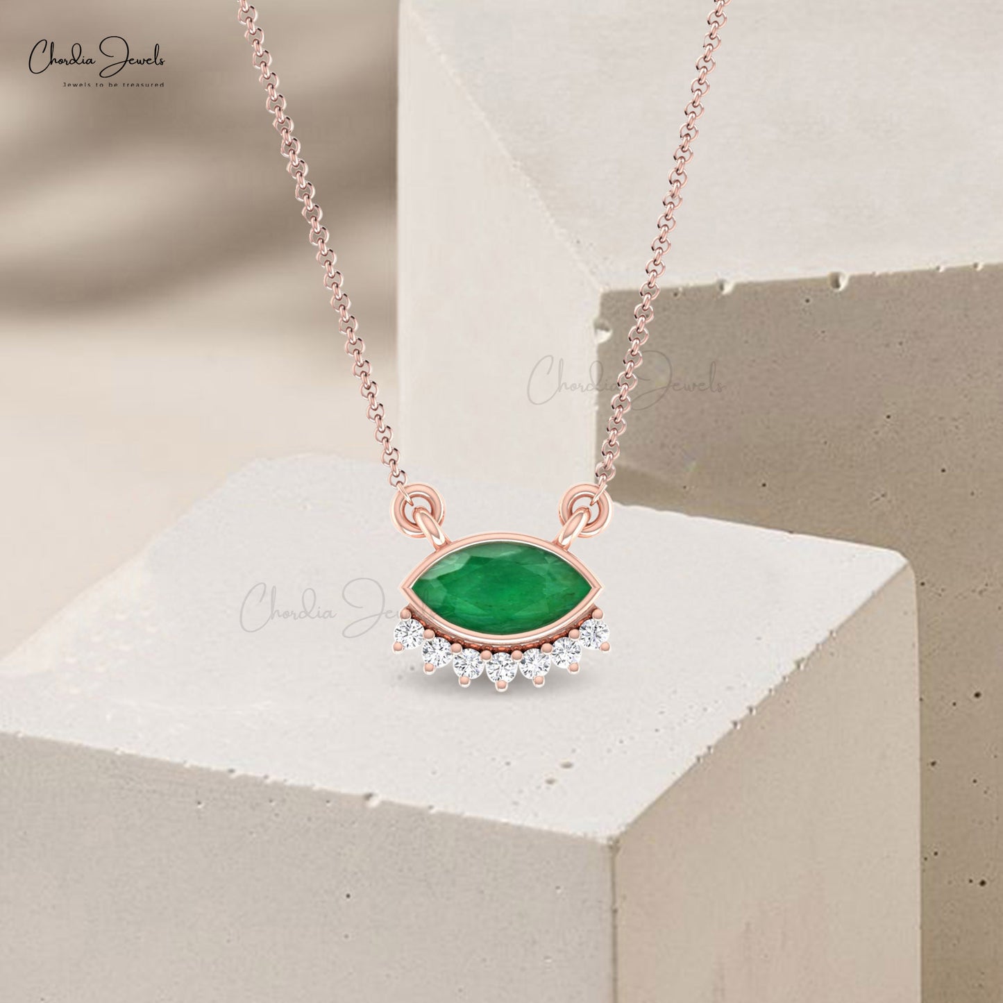 Marquise Floating Necklace In 14k Real Gold Emerald And Diamond Dainty Chain Necklaces