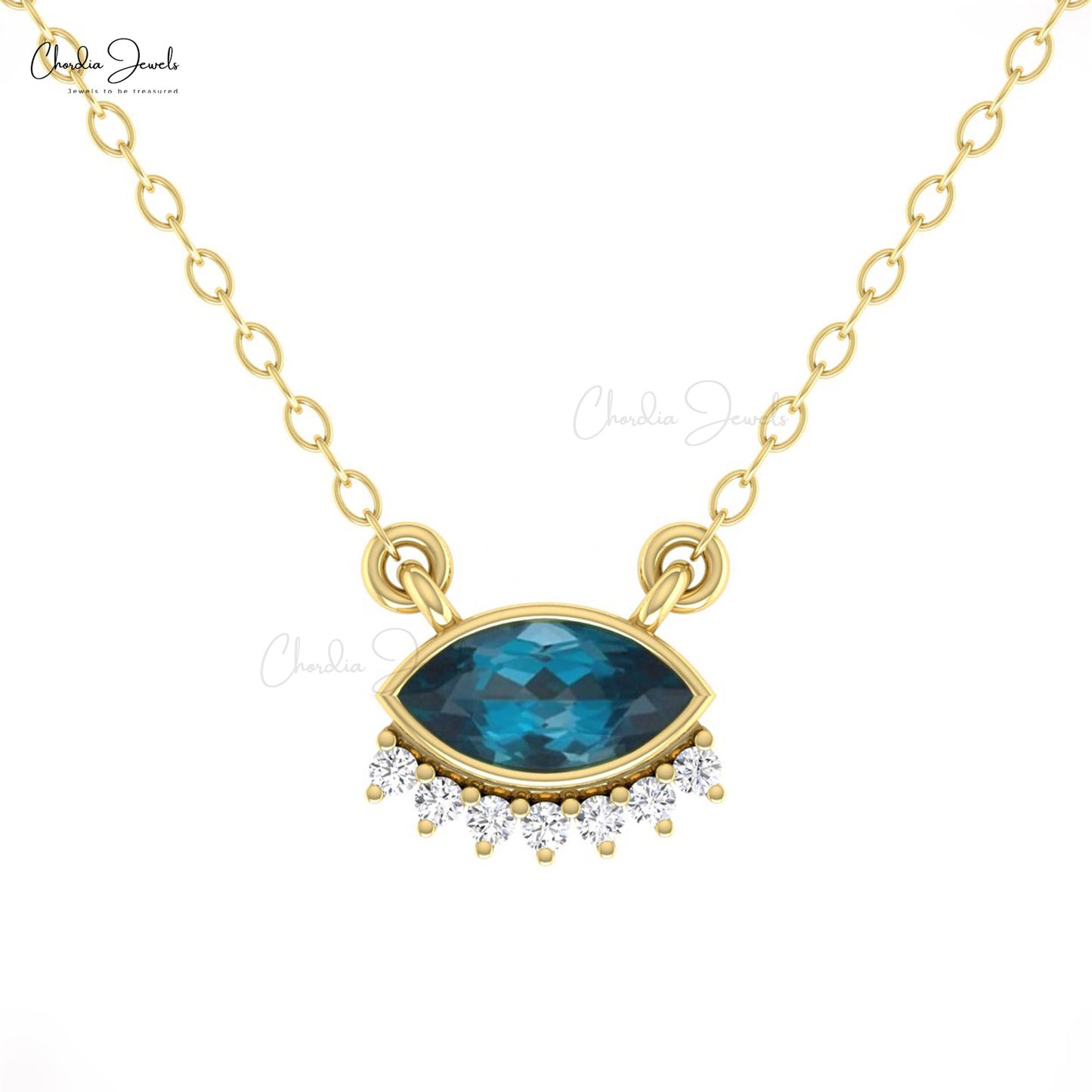 Floating Dainty Chain Necklace in 14k Solid Gold Marquise London Blue Topaz And Diamond Necklace