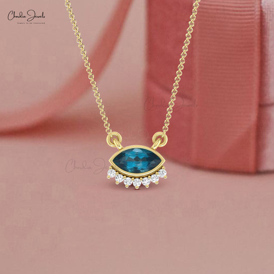 Floating Dainty Chain Necklace in 14k Solid Gold Marquise London Blue Topaz And Diamond Necklace