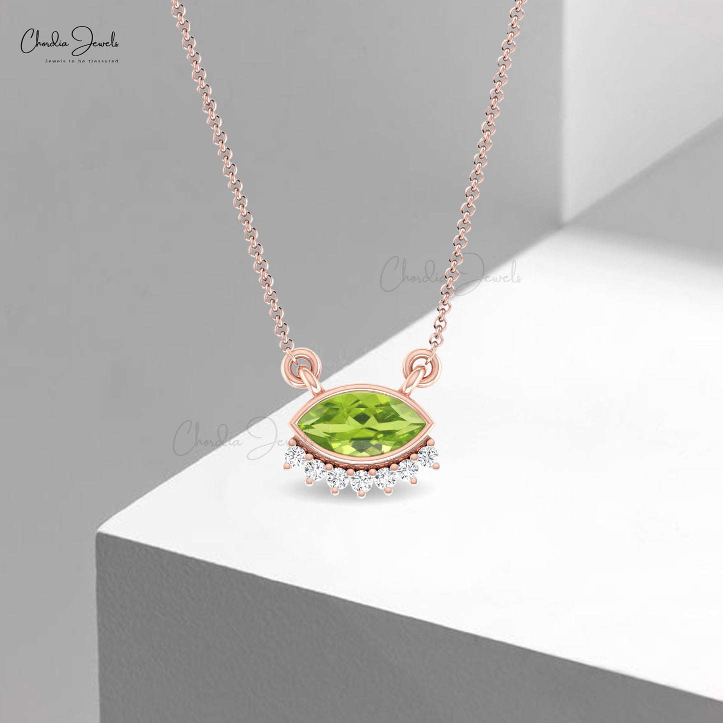 Delicate Floating Diamond Necklace With 7x3.5mm Peridot August Birthstone 14k Gold Necklace