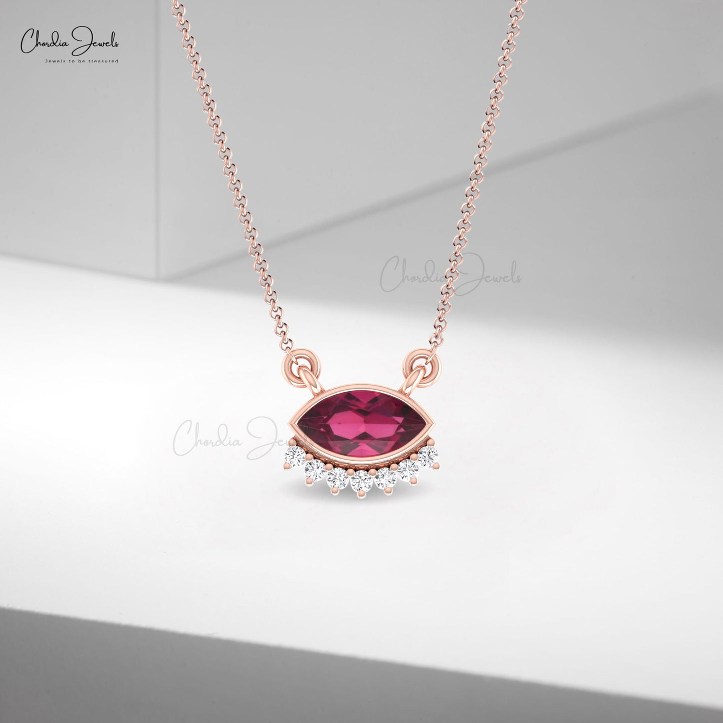 Genuine 0.4 CT Rhodolite Garnet And G-H Diamond 14k Solid Gold Evil Eye Necklace For GF