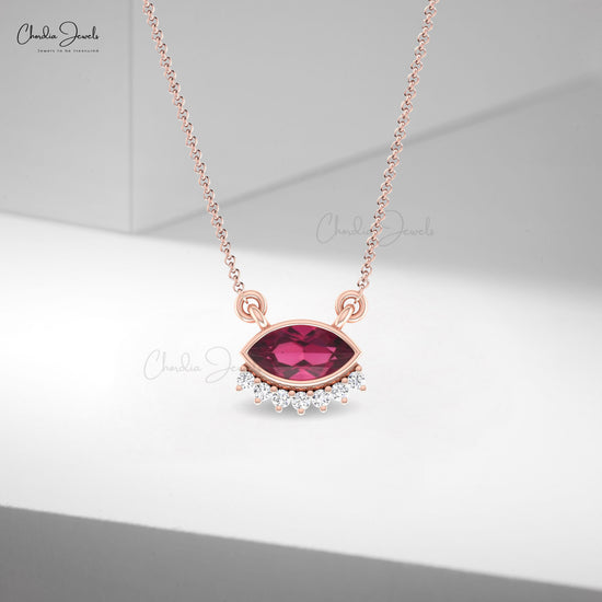 Genuine 0.4 CT Rhodolite Garnet And G-H Diamond 14k Solid Gold Evil Eye Necklace For GF