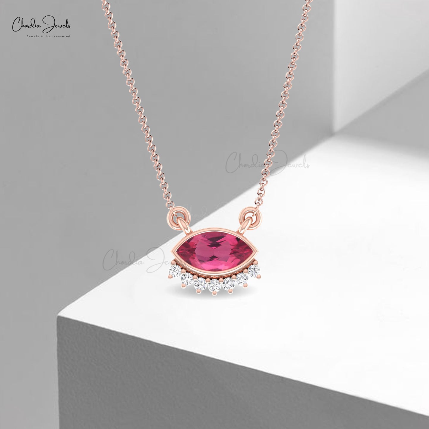 Floating Diamond Necklace In 14k Real Gold Pink Tourmaline Evil Eye Minimal Chain Necklace