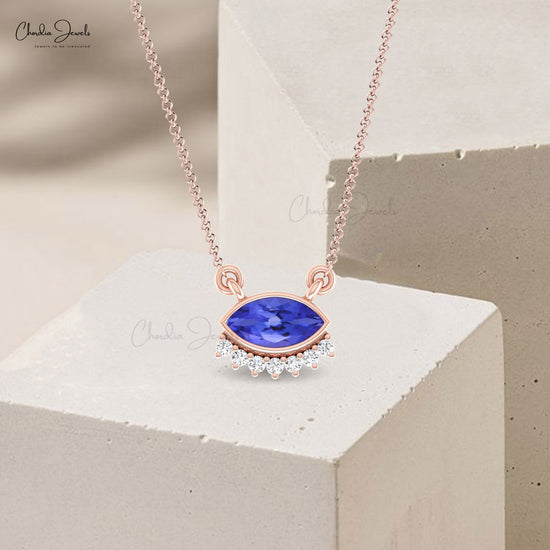 Evil Eye 0.35Ct Marquise Tanzanite And Diamond Floating Necklace In 14k Solid Gold