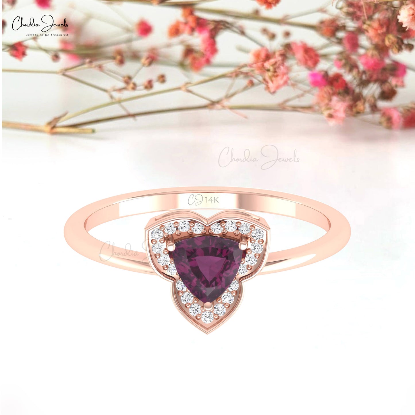 Diamond Halo Promise Ring In Pure 14k Gold Rhodolite Garnet 5mm Trillion Cut Rings