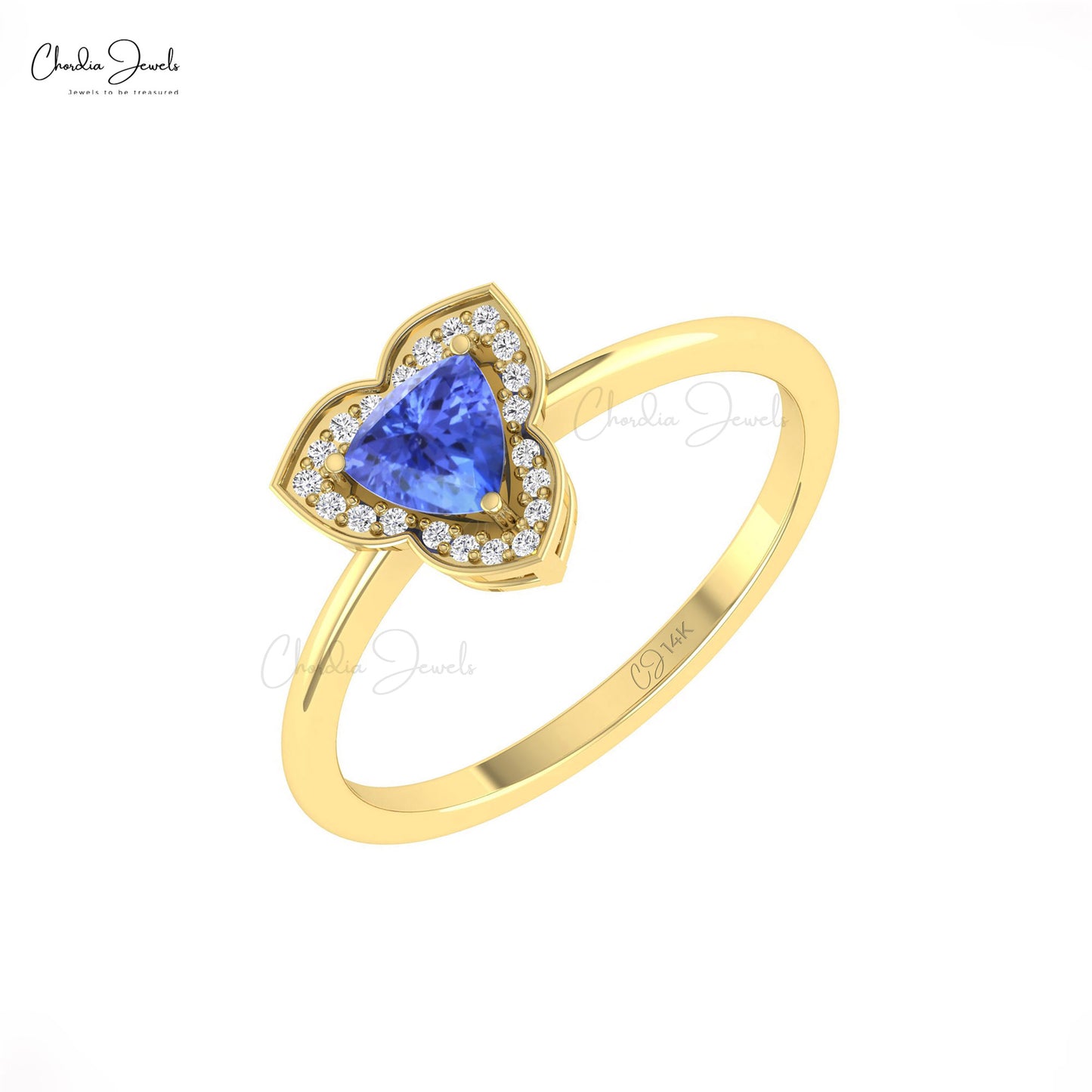 Solid 14k Gold Tanzanite 0.42 Ct Trillion Cut Gemstone And Pave Diamond Halo Ring