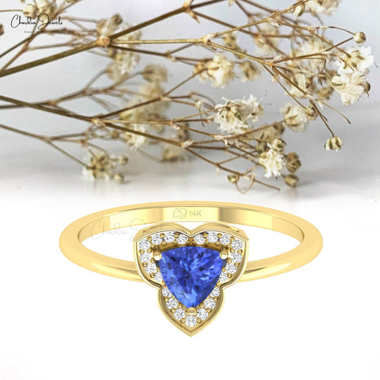 Solid 14k Gold Tanzanite 0.42 Ct Trillion Cut Gemstone And Pave Diamond Halo Ring